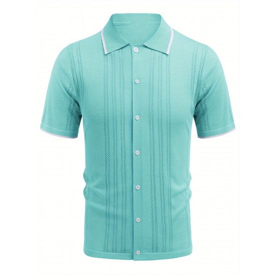 1pc Men'S Casual Knit Polo Shirt - Polyester Short Sleeve Lapel Collar, Slight Stretch Solid Color, Button Down Beach Top for Spring/Summer/Fall, Plus Size 1pc Men'S Casual Knit Polo Shirt - Polyester Short Sleeve Lapel Collar, Slight Stretch Solid Color, Button Down Beach Top for Spring/Summer/Fall, Plus Size