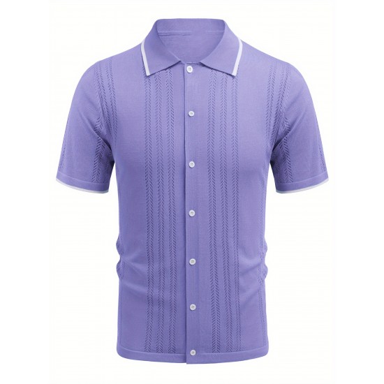 1pc Men'S Casual Knit Polo Shirt - Polyester Short Sleeve Lapel Collar, Slight Stretch Solid Color, Button Down Beach Top for Spring/Summer/Fall, Plus Size 1pc Men'S Casual Knit Polo Shirt - Polyester Short Sleeve Lapel Collar, Slight Stretch Solid Color, Button Down Beach Top for Spring/Summer/Fall, Plus Size