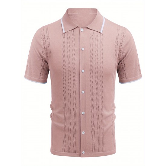 1pc Men'S Casual Knit Polo Shirt - Polyester Short Sleeve Lapel Collar, Slight Stretch Solid Color, Button Down Beach Top for Spring/Summer/Fall, Plus Size 1pc Men'S Casual Knit Polo Shirt - Polyester Short Sleeve Lapel Collar, Slight Stretch Solid Color, Button Down Beach Top for Spring/Summer/Fall, Plus Size