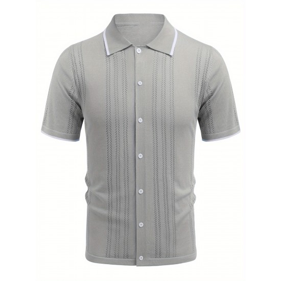 1pc Men'S Casual Knit Polo Shirt - Polyester Short Sleeve Lapel Collar, Slight Stretch Solid Color, Button Down Beach Top for Spring/Summer/Fall, Plus Size 1pc Men'S Casual Knit Polo Shirt - Polyester Short Sleeve Lapel Collar, Slight Stretch Solid Color, Button Down Beach Top for Spring/Summer/Fall, Plus Size
