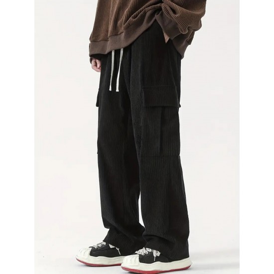 Men's Casual Cargo Pants with Drawstring Waist - Stretch Corduroy, Flap Pockets for Outdoor & Work Men's Casual Cargo Pants with Drawstring Waist - Stretch Corduroy, Flap Pockets for Outdoor & Work
