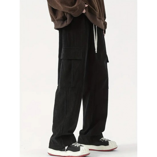 Men's Casual Cargo Pants with Drawstring Waist - Stretch Corduroy, Flap Pockets for Outdoor & Work Men's Casual Cargo Pants with Drawstring Waist - Stretch Corduroy, Flap Pockets for Outdoor & Work