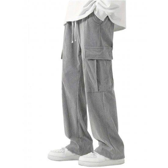 Men's Casual Cargo Pants with Drawstring Waist - Stretch Corduroy, Flap Pockets for Outdoor & Work Men's Casual Cargo Pants with Drawstring Waist - Stretch Corduroy, Flap Pockets for Outdoor & Work