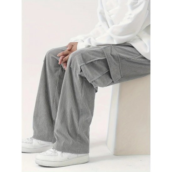 Men's Casual Cargo Pants with Drawstring Waist - Stretch Corduroy, Flap Pockets for Outdoor & Work Men's Casual Cargo Pants with Drawstring Waist - Stretch Corduroy, Flap Pockets for Outdoor & Work