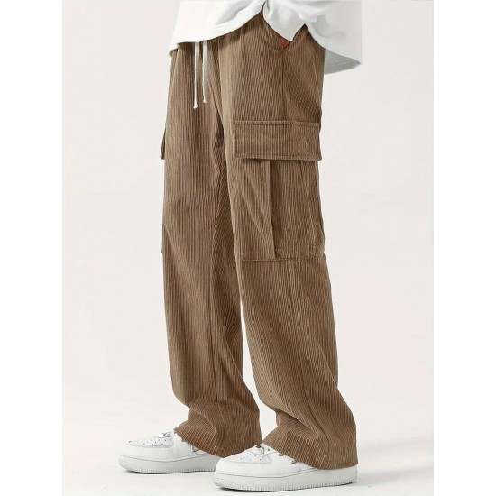 Men's Casual Cargo Pants with Drawstring Waist - Stretch Corduroy, Flap Pockets for Outdoor & Work Men's Casual Cargo Pants with Drawstring Waist - Stretch Corduroy, Flap Pockets for Outdoor & Work