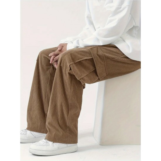 Men's Casual Cargo Pants with Drawstring Waist - Stretch Corduroy, Flap Pockets for Outdoor & Work Men's Casual Cargo Pants with Drawstring Waist - Stretch Corduroy, Flap Pockets for Outdoor & Work