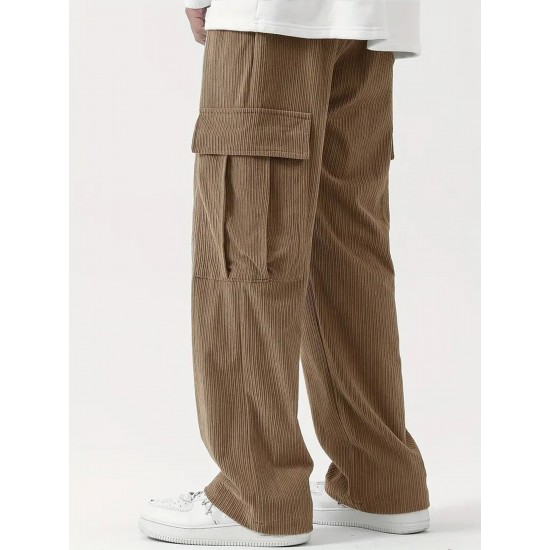 Men's Casual Cargo Pants with Drawstring Waist - Stretch Corduroy, Flap Pockets for Outdoor & Work Men's Casual Cargo Pants with Drawstring Waist - Stretch Corduroy, Flap Pockets for Outdoor & Work