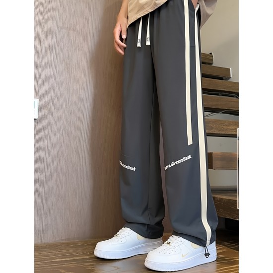 Men's Ice Silk Cool Quality Casual Pants With Elastic Waist, Trendy Versatile Striped Trousers Men's Ice Silk Cool Quality Casual Pants With Elastic Waist, Trendy Versatile Striped Trousers