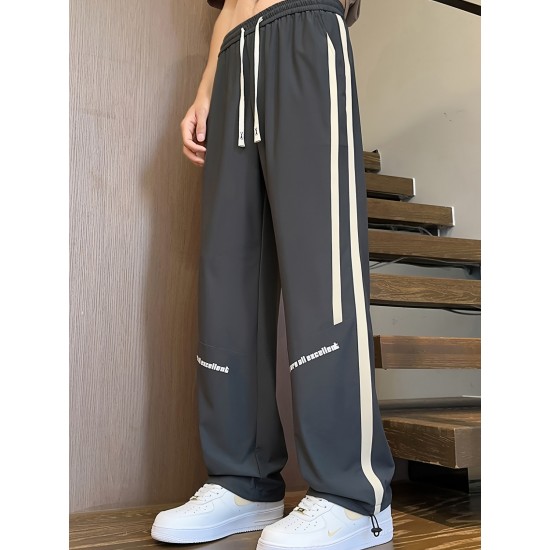 Men's Ice Silk Cool Quality Casual Pants With Elastic Waist, Trendy Versatile Striped Trousers Men's Ice Silk Cool Quality Casual Pants With Elastic Waist, Trendy Versatile Striped Trousers