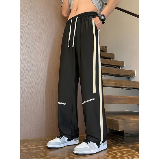 Men's Ice Silk Cool Quality Casual Pants With Elastic Waist, Trendy Versatile Striped Trousers Men's Ice Silk Cool Quality Casual Pants With Elastic Waist, Trendy Versatile Striped Trousers
