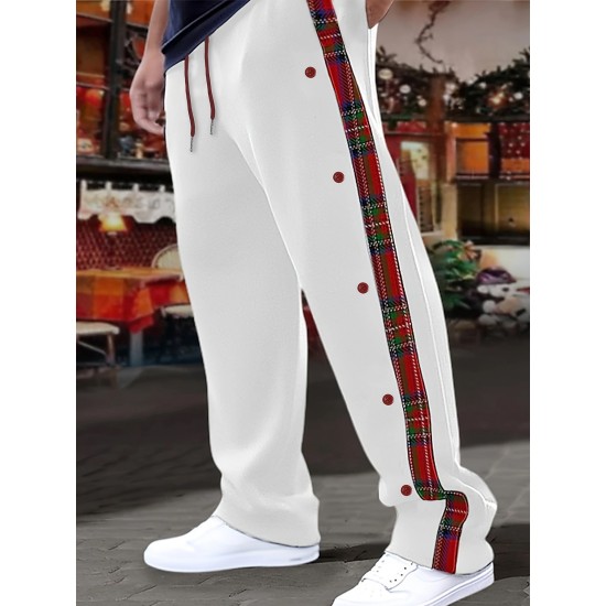 1pc Men'S Casual Wide-Leg Sweatpants with Geometric Plaid Panels, Elastic Waistband with Drawstrings, Pockets, Knit Polyester Fabric, Slight Stretch, All-Season Comfort Fit Trousers 1pc Men'S Casual Wide-Leg Sweatpants with Geometric Plaid Panels, Elastic Waistband with Drawstrings, Pockets, Knit Polyester Fabric, Slight Stretch, All-Season Comfort Fit Trousers