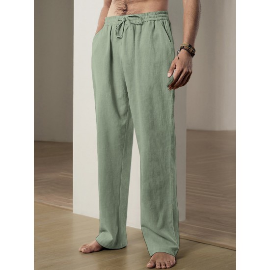 Men'S Casual Linen-Style Pants, Polyester, Loose Fit, Solid Color, Slight Stretch, with Drawstring Waist, for All-Season Weekend Casual Wear Men'S Casual Linen-Style Pants, Polyester, Loose Fit, Solid Color, Slight Stretch, with Drawstring Waist, for All-Season Weekend Casual Wear
