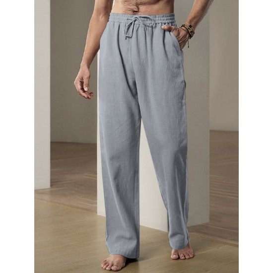 Men'S Casual Linen-Style Pants, Polyester, Loose Fit, Solid Color, Slight Stretch, with Drawstring Waist, for All-Season Weekend Casual Wear Men'S Casual Linen-Style Pants, Polyester, Loose Fit, Solid Color, Slight Stretch, with Drawstring Waist, for All-Season Weekend Casual Wear