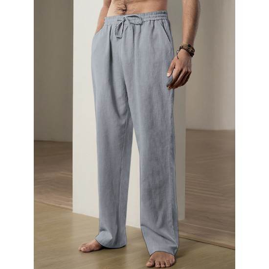 Men'S Casual Linen-Style Pants, Polyester, Loose Fit, Solid Color, Slight Stretch, with Drawstring Waist, for All-Season Weekend Casual Wear Men'S Casual Linen-Style Pants, Polyester, Loose Fit, Solid Color, Slight Stretch, with Drawstring Waist, for All-Season Weekend Casual Wear