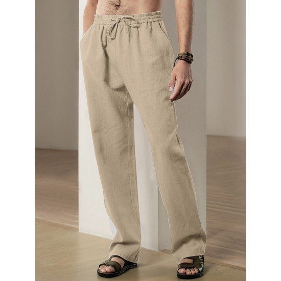 Men'S Casual Linen-Style Pants, Polyester, Loose Fit, Solid Color, Slight Stretch, with Drawstring Waist, for All-Season Weekend Casual Wear Men'S Casual Linen-Style Pants, Polyester, Loose Fit, Solid Color, Slight Stretch, with Drawstring Waist, for All-Season Weekend Casual Wear