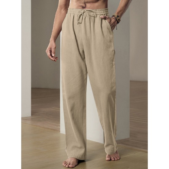 Men'S Casual Linen-Style Pants, Polyester, Loose Fit, Solid Color, Slight Stretch, with Drawstring Waist, for All-Season Weekend Casual Wear Men'S Casual Linen-Style Pants, Polyester, Loose Fit, Solid Color, Slight Stretch, with Drawstring Waist, for All-Season Weekend Casual Wear