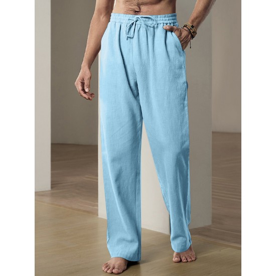 Men'S Casual Linen-Style Pants, Polyester, Loose Fit, Solid Color, Slight Stretch, with Drawstring Waist, for All-Season Weekend Casual Wear Men'S Casual Linen-Style Pants, Polyester, Loose Fit, Solid Color, Slight Stretch, with Drawstring Waist, for All-Season Weekend Casual Wear