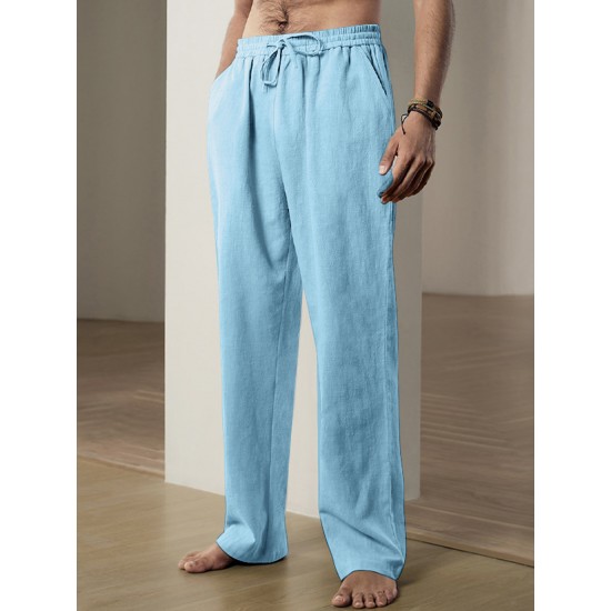 Men'S Casual Linen-Style Pants, Polyester, Loose Fit, Solid Color, Slight Stretch, with Drawstring Waist, for All-Season Weekend Casual Wear Men'S Casual Linen-Style Pants, Polyester, Loose Fit, Solid Color, Slight Stretch, with Drawstring Waist, for All-Season Weekend Casual Wear
