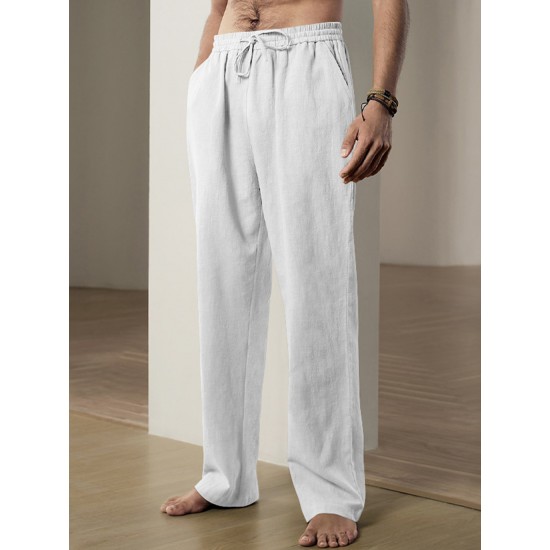 Men'S Casual Linen-Style Pants, Polyester, Loose Fit, Solid Color, Slight Stretch, with Drawstring Waist, for All-Season Weekend Casual Wear Men'S Casual Linen-Style Pants, Polyester, Loose Fit, Solid Color, Slight Stretch, with Drawstring Waist, for All-Season Weekend Casual Wear