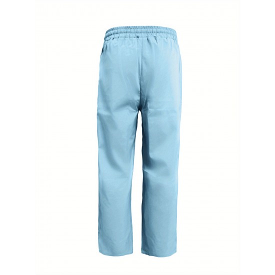 Men'S Casual Linen-Style Pants, Polyester, Loose Fit, Solid Color, Slight Stretch, with Drawstring Waist, for All-Season Weekend Casual Wear Men'S Casual Linen-Style Pants, Polyester, Loose Fit, Solid Color, Slight Stretch, with Drawstring Waist, for All-Season Weekend Casual Wear