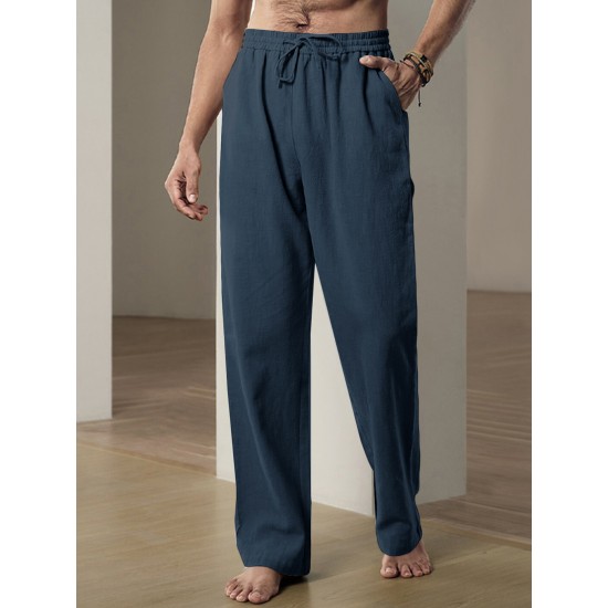 Men'S Casual Linen-Style Pants, Polyester, Loose Fit, Solid Color, Slight Stretch, with Drawstring Waist, for All-Season Weekend Casual Wear Men'S Casual Linen-Style Pants, Polyester, Loose Fit, Solid Color, Slight Stretch, with Drawstring Waist, for All-Season Weekend Casual Wear