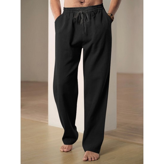 Men'S Casual Linen-Style Pants, Polyester, Loose Fit, Solid Color, Slight Stretch, with Drawstring Waist, for All-Season Weekend Casual Wear Men'S Casual Linen-Style Pants, Polyester, Loose Fit, Solid Color, Slight Stretch, with Drawstring Waist, for All-Season Weekend Casual Wear