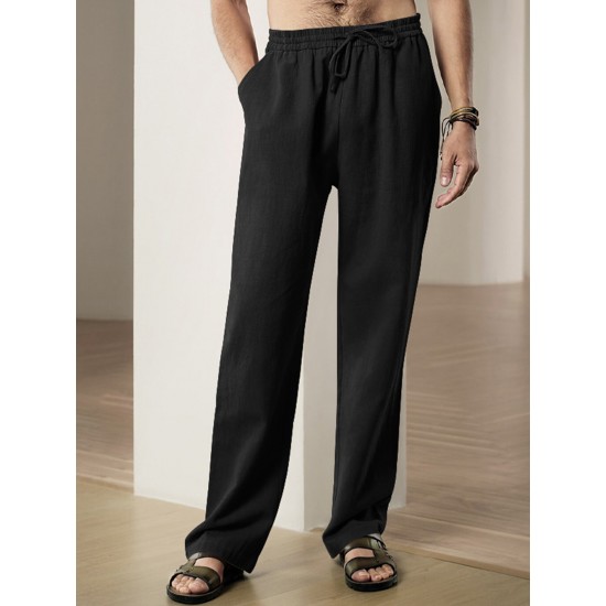 Men'S Casual Linen-Style Pants, Polyester, Loose Fit, Solid Color, Slight Stretch, with Drawstring Waist, for All-Season Weekend Casual Wear Men'S Casual Linen-Style Pants, Polyester, Loose Fit, Solid Color, Slight Stretch, with Drawstring Waist, for All-Season Weekend Casual Wear