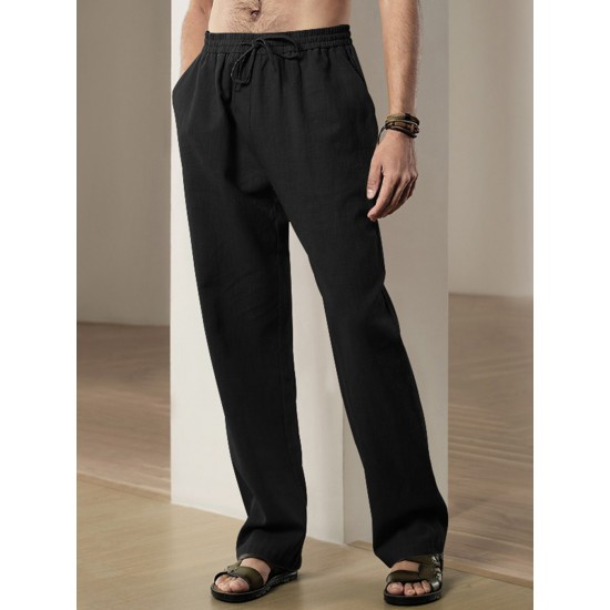 Men'S Casual Linen-Style Pants, Polyester, Loose Fit, Solid Color, Slight Stretch, with Drawstring Waist, for All-Season Weekend Casual Wear Men'S Casual Linen-Style Pants, Polyester, Loose Fit, Solid Color, Slight Stretch, with Drawstring Waist, for All-Season Weekend Casual Wear
