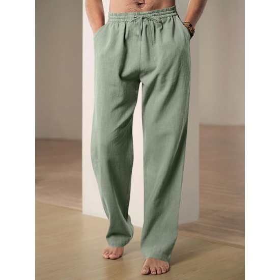 Men'S Casual Linen-Style Pants, Polyester, Loose Fit, Solid Color, Slight Stretch, with Drawstring Waist, for All-Season Weekend Casual Wear Men'S Casual Linen-Style Pants, Polyester, Loose Fit, Solid Color, Slight Stretch, with Drawstring Waist, for All-Season Weekend Casual Wear