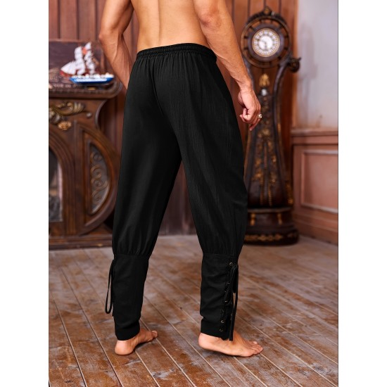 Men's Viking Renaissance-Inspired Casual Pants with Drawstring Waist and Tapered Legs - Solid Color, Polyester, Machine Washable Men's Viking Renaissance-Inspired Casual Pants with Drawstring Waist and Tapered Legs - Solid Color, Polyester, Machine Washable