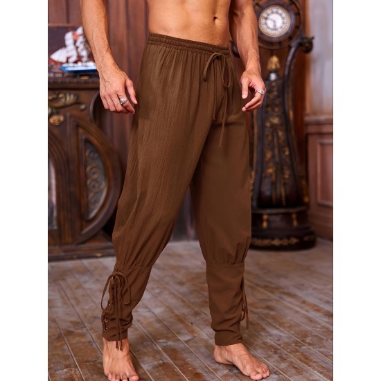 Men's Viking Renaissance-Inspired Casual Pants with Drawstring Waist and Tapered Legs - Solid Color, Polyester, Machine Washable Men's Viking Renaissance-Inspired Casual Pants with Drawstring Waist and Tapered Legs - Solid Color, Polyester, Machine Washable