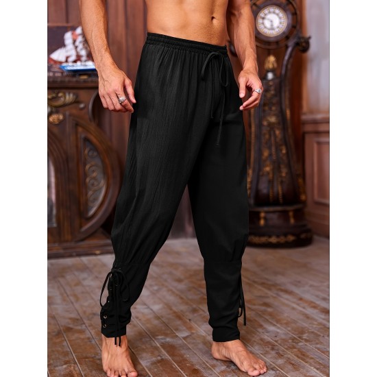 Men's Viking Renaissance-Inspired Casual Pants with Drawstring Waist and Tapered Legs - Solid Color, Polyester, Machine Washable Men's Viking Renaissance-Inspired Casual Pants with Drawstring Waist and Tapered Legs - Solid Color, Polyester, Machine Washable