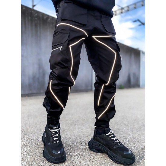 TOOLUCK Men's autumn and winter loose straight casual overalls, multi-pocket cuffs and reflective sports pants TOOLUCK Men's autumn and winter loose straight casual overalls, multi-pocket cuffs and reflective sports pants
