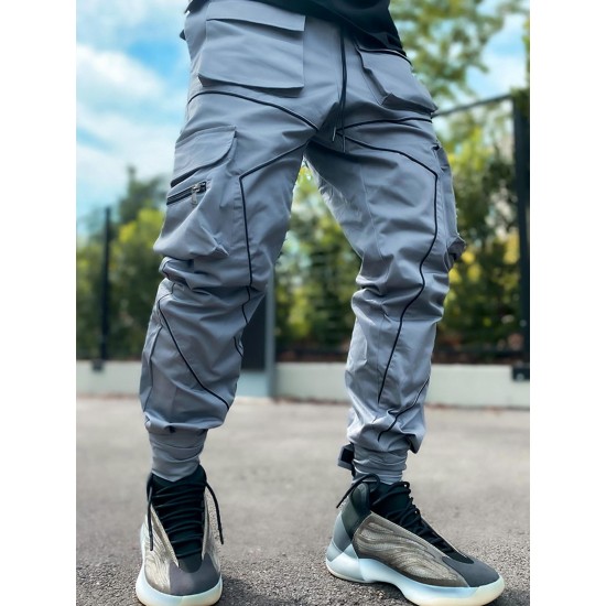 TOOLUCK Men's autumn and winter loose straight casual overalls, multi-pocket cuffs and reflective sports pants TOOLUCK Men's autumn and winter loose straight casual overalls, multi-pocket cuffs and reflective sports pants